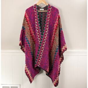 Shiraleah Technicolor Chevron Sweater Knit Shawl Wrap Poncho Cape Maroon Pink